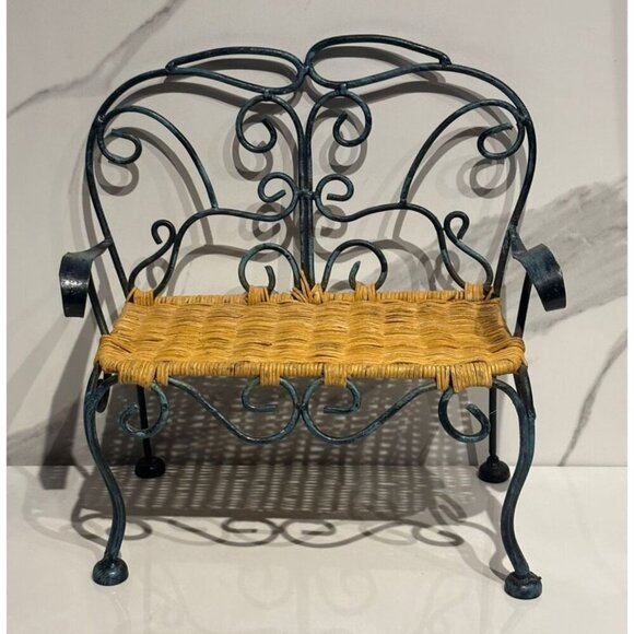 Vintage Metal Wicker Doll Bench Black Scroll Miniature Chair 12" Shabby Chic - Picture 1 of 9